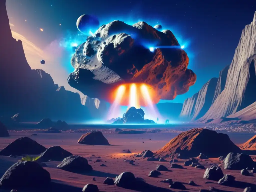 Tecnología para terraformar asteroides: Nave espacial futurista sobre asteroide, con potentes motores azules y detalles intrincados