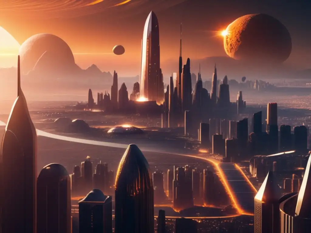 Tecnología Antiasteroides: Avances Prometedores en una ciudad futurista con rascacielos, defensas integradas y un asteroide acercándose