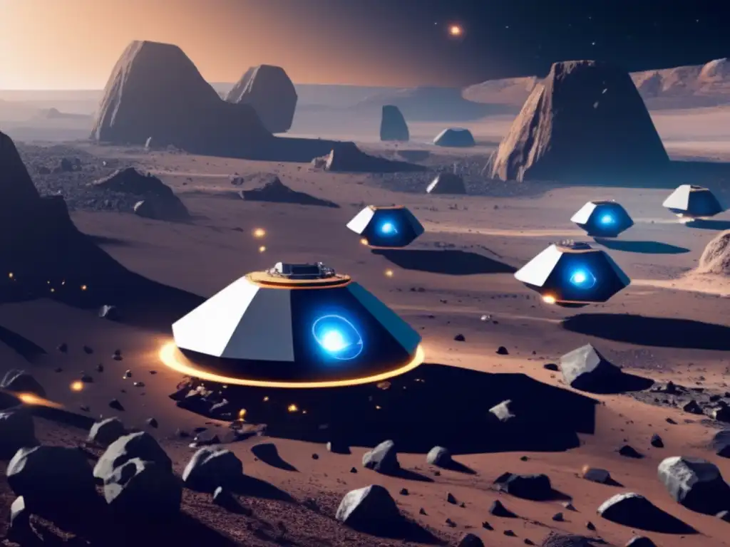 Tecnología avanzada en minería de asteroides: drones y robots extraen recursos en un campo de asteroides