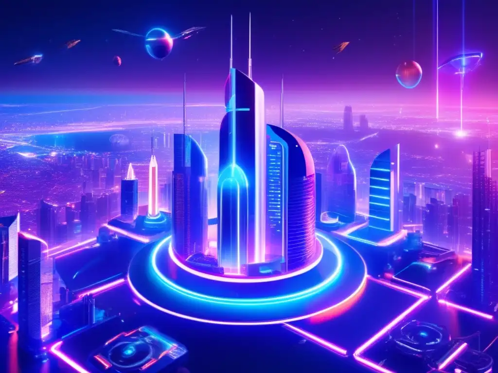 Tecnología cotidiana y asteroides en una ciudad futurista con rascacielos iluminados por luces de neón