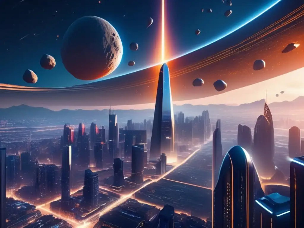 Tecnología humana fusionada con asteroides en una ciudad futurista con rascacielos y estructuras celestiales
