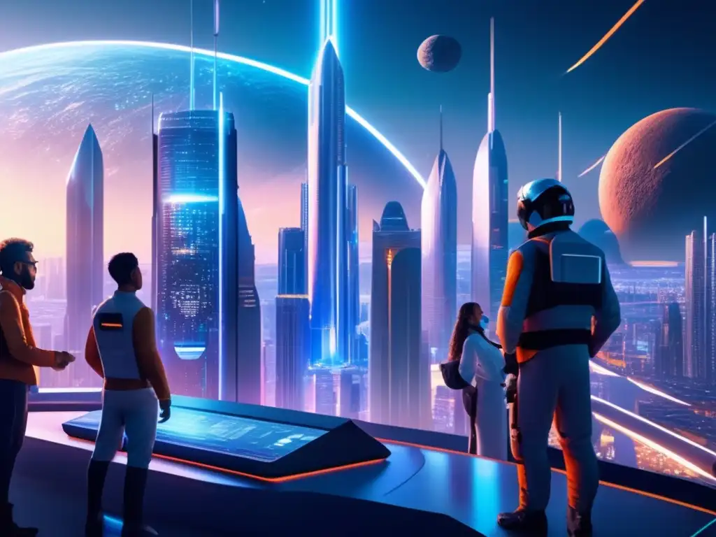 Tecnología humana fusionada asteroides en una ciudad futurista con rascacielos, tecnología avanzada y científicos trabajando