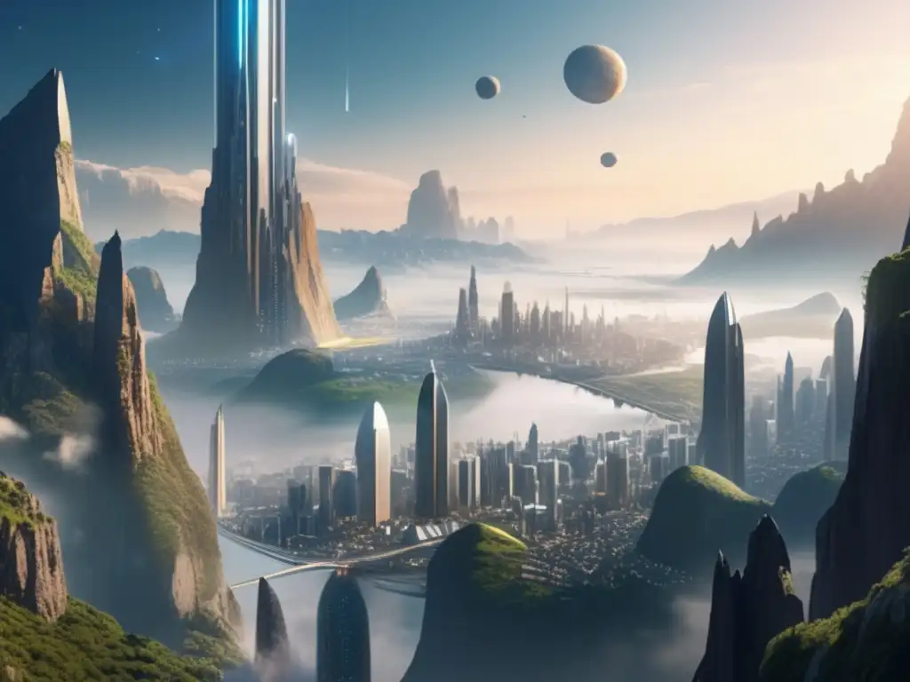 Tecnología humana fusionada asteroides en ciudad futurista