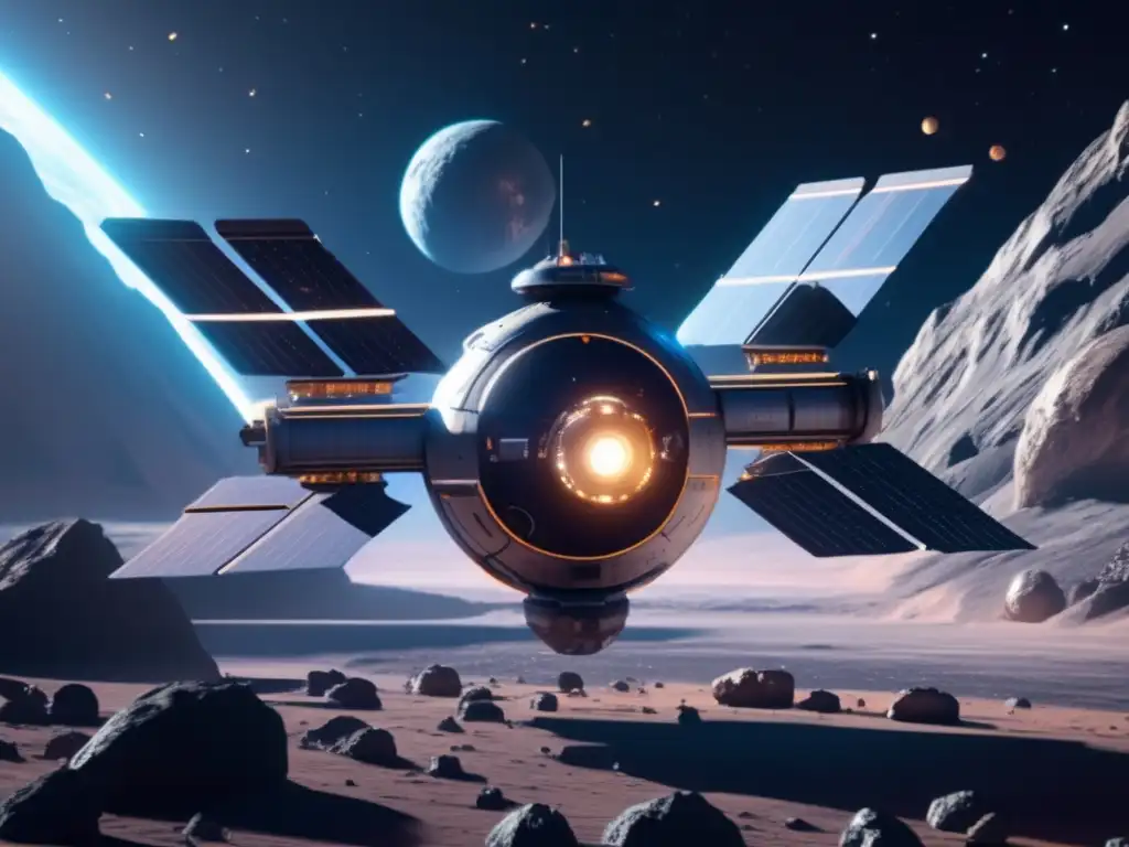 Tecnología humana fusionada asteroides en imagen futurista de estación espacial y asteroide vibrante