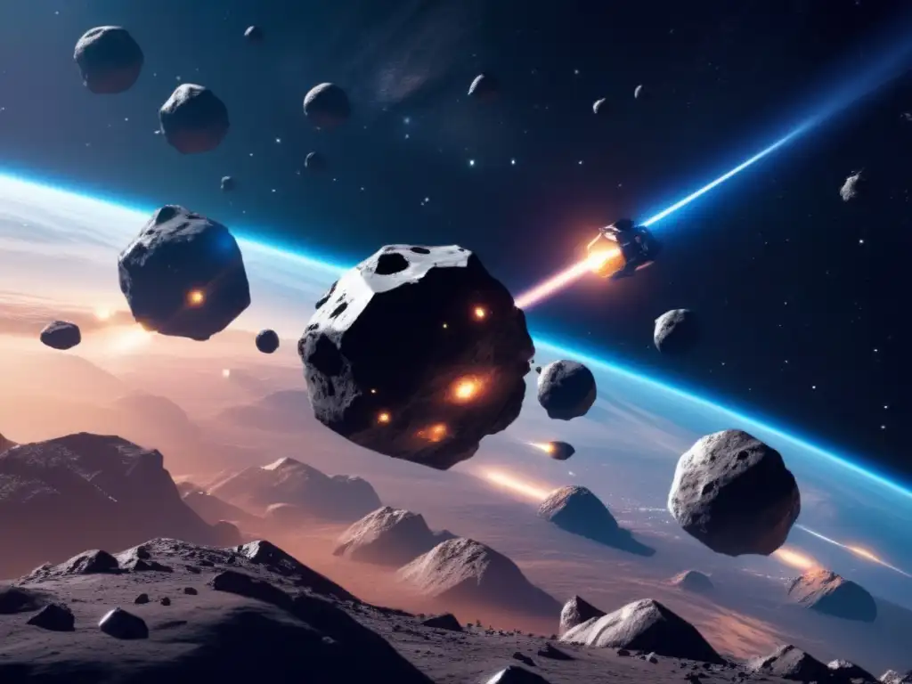 Tecnología humana fusionada asteroides: estación espacial futurista rodeada de asteroides y paisaje cósmico