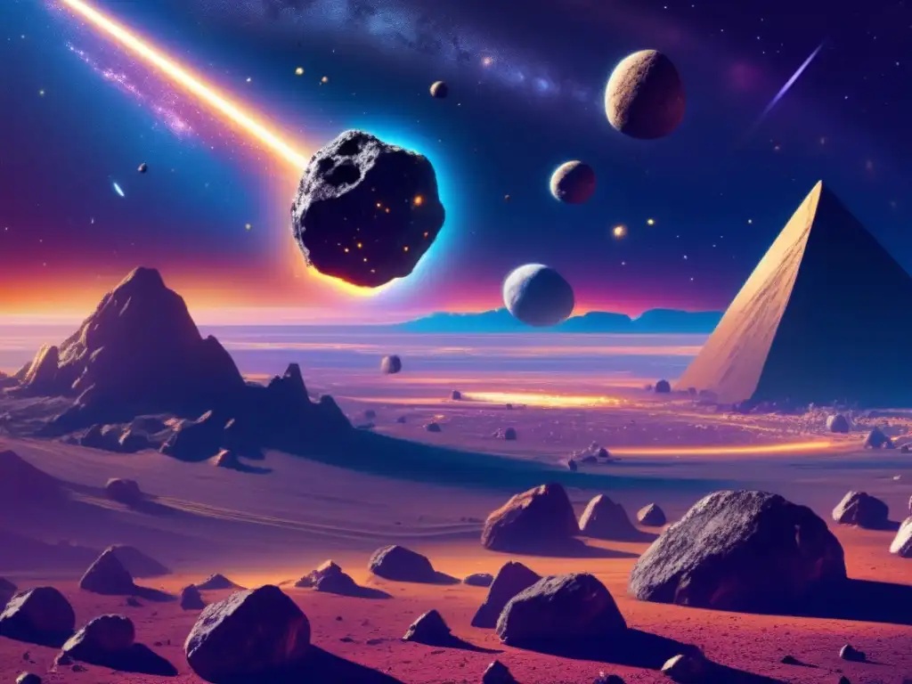 Tecnología innovadora para minería asteroides: paisaje espacial con asteroides, minas espaciales y naves futuristas