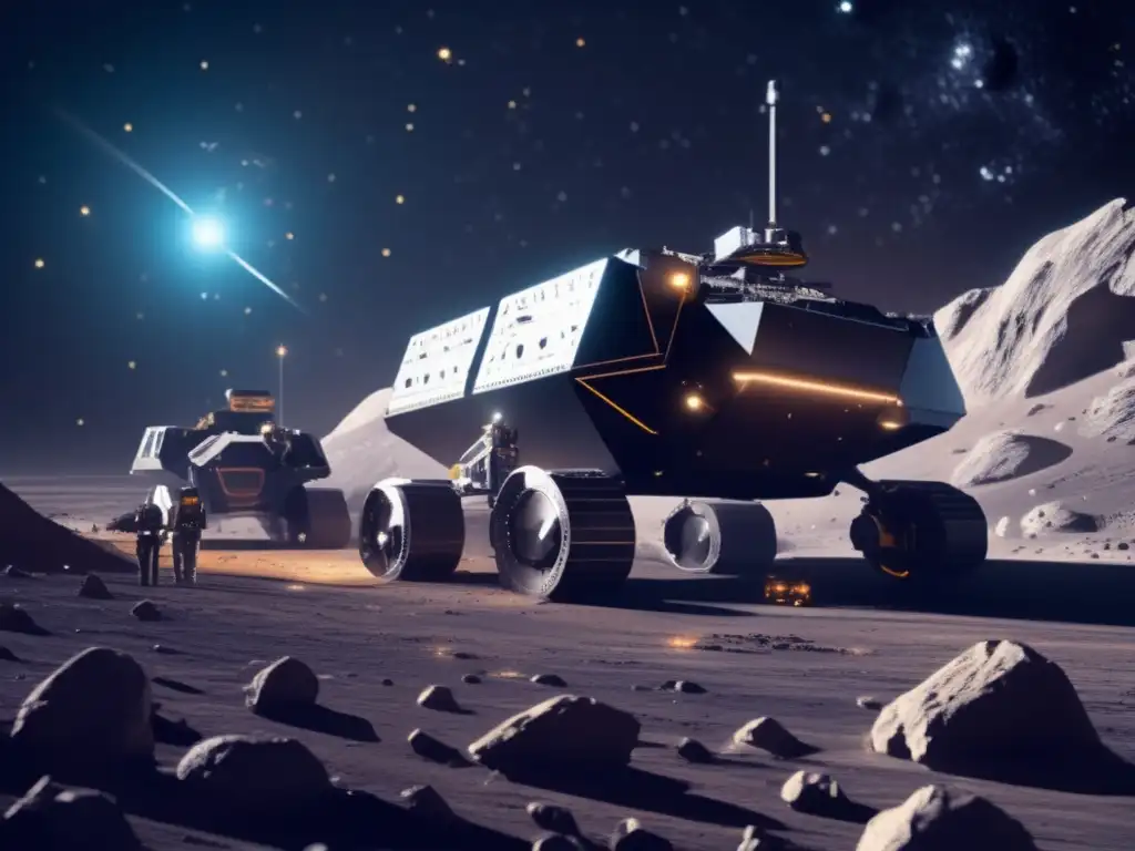 Tecnología Minera para asteroides en un escenario futurista de minería espacial con maquinaria avanzada y detalles intrincados