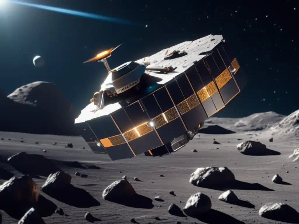 Tecnología de reciclaje espacial en asteroides con nave minera avanzada y asteroide rocoso con recursos minerales