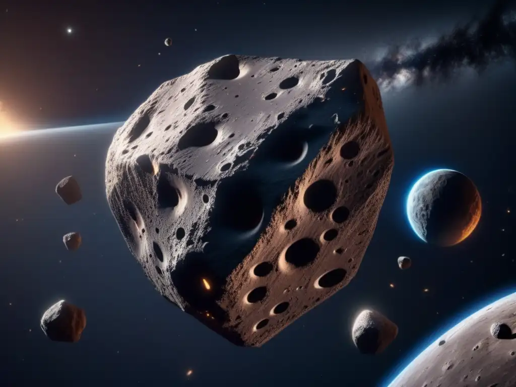 Tecnología sostenible con asteroides: Fascinante imagen 8k ultra detallada de un asteroide suspendido en el espacio, revelando su belleza y misterio