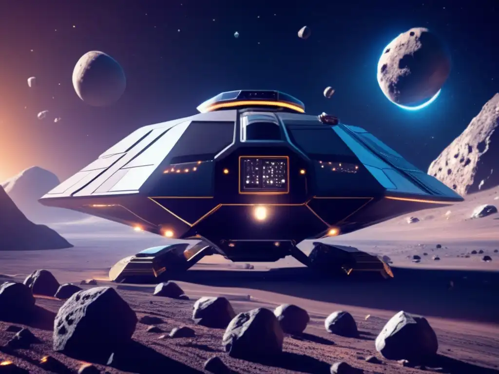 Tecnología vanguardia: Minería asteroides futurista con nave gigante, tecnología láser y recursos valiosos