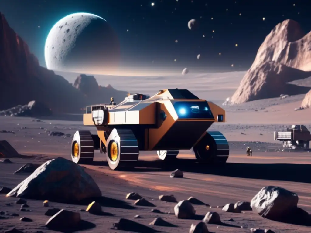 Tecnología vanguardia en minería de asteroides: escena impresionante en 8k con maquinaria avanzada y paisaje espacial