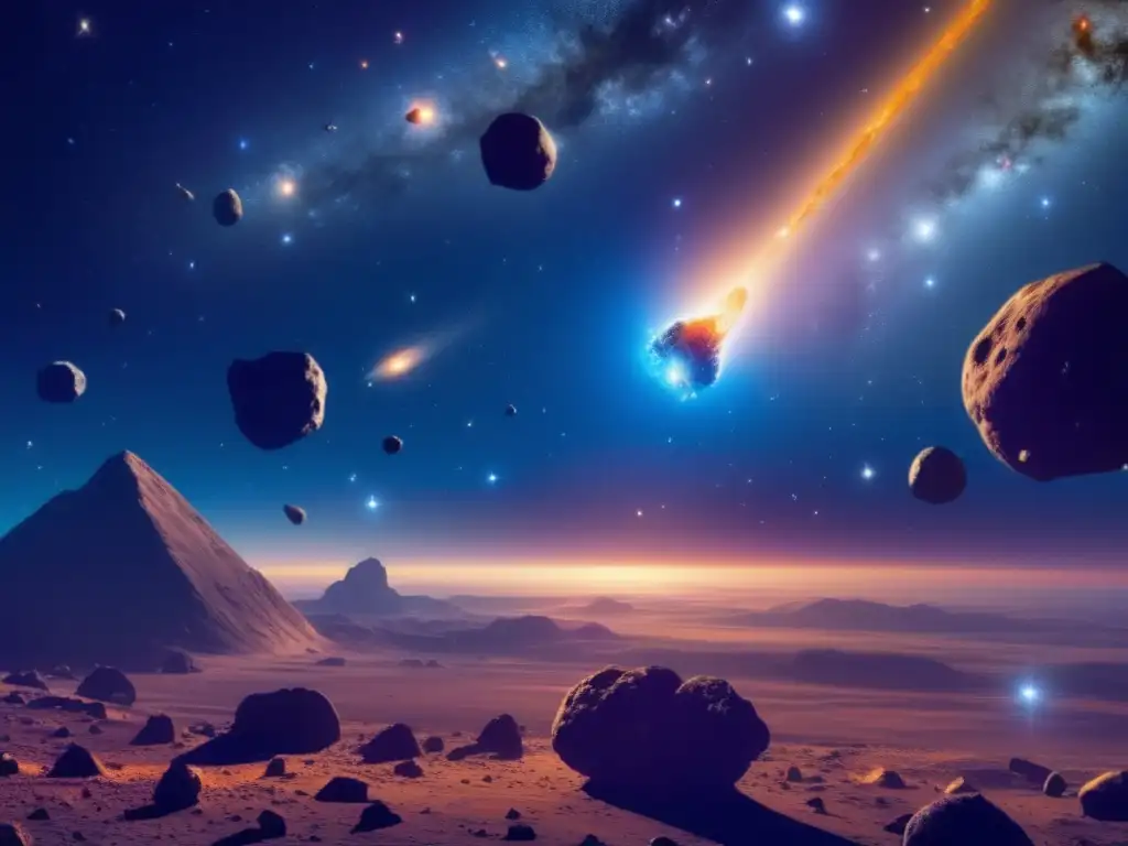 Tecnología de vanguardia en minería de asteroides con colores vibrantes, robots y una nave espacial