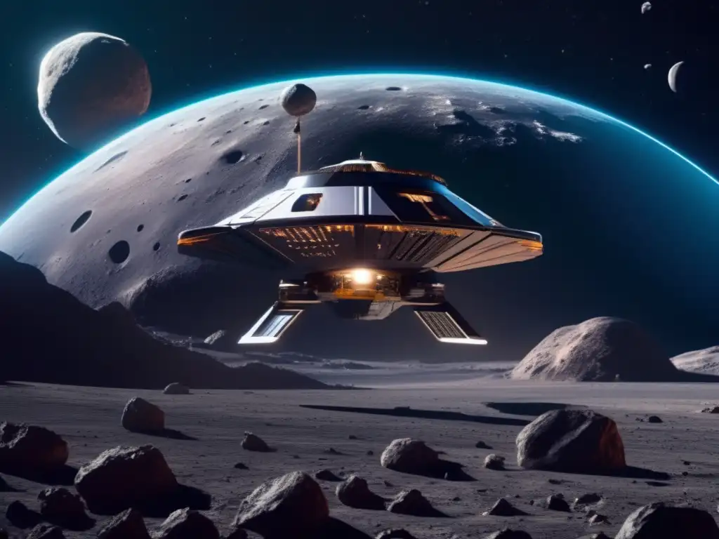 Tecnología de vehículos autónomos en exploración asteroides: nave espacial futurista recolectando muestra de asteroide