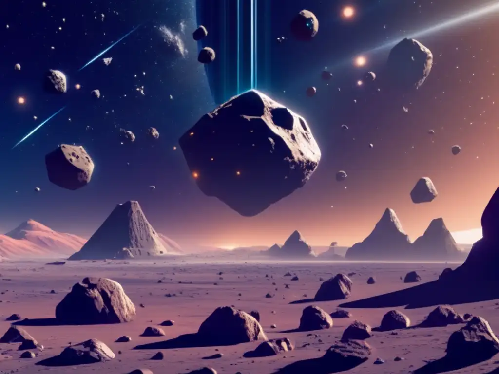 Tecnologías para cosechar agua de asteroides en un ambiente cinematográfico con un vasto espacio