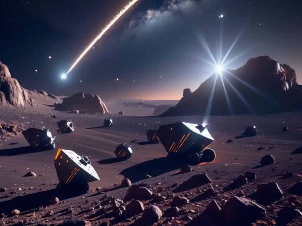 Tecnologías emergentes extracción minar asteroides en una escena cinematográfica de un campo de asteroides iluminado por estrellas distantes