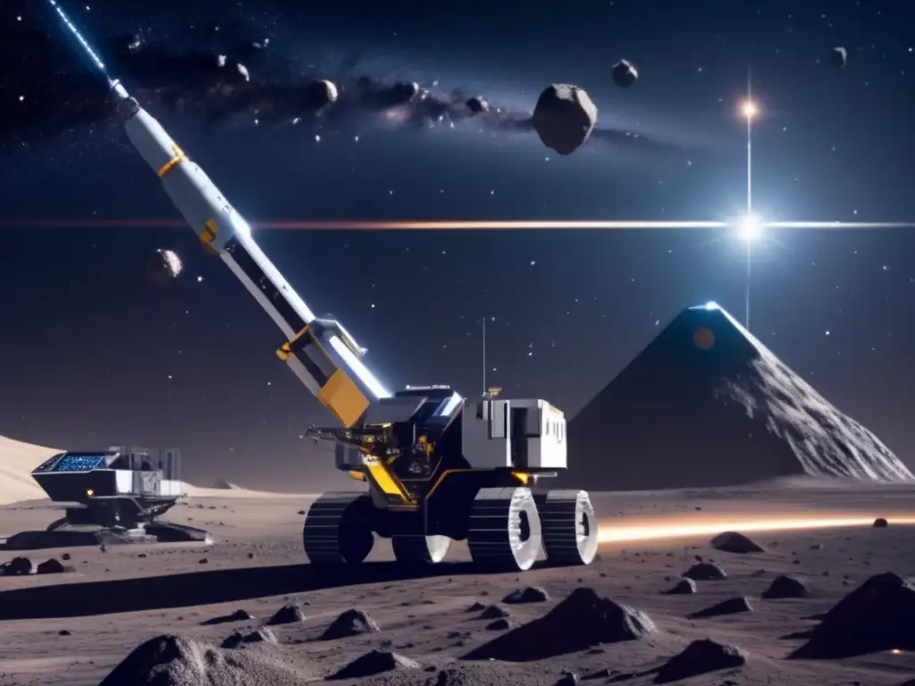 Tecnologías emergentes extracción minar asteroides: Futurista operación minera en un asteroide con maquinaria avanzada y drones