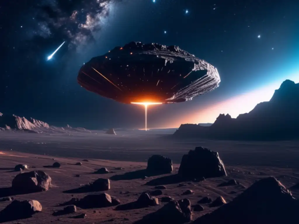 Tecnologías emergentes explotación asteroides: imagen cinematográfica de un asteroide rodeado por drones mineros avanzados en el espacio