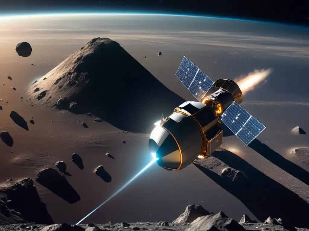 Tecnologías emergentes exploración asteroides: nave espacial futurista en el espacio, asteroides y la Tierra