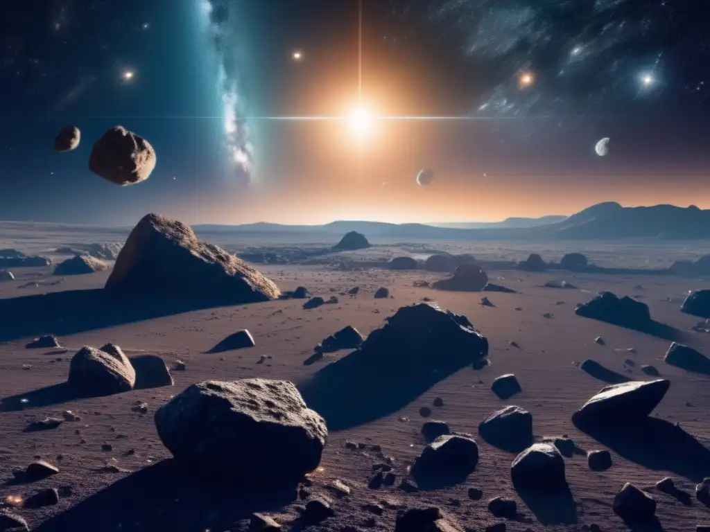 Tecnologías emergentes exploración asteroides: Vasto paisaje cósmico con asteroides de diversas formas y tamaños