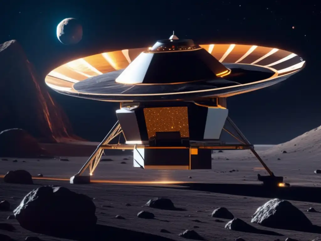 Tecnologías emergentes exploración asteroides: Imagen ultradetallada de sonda espacial junto a asteroide, capturando datos y trayectoria