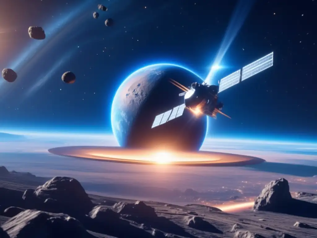 Tecnologías de mitigación de asteroides: Estación espacial futurista desvía asteroide hacia el espacio, protegiendo la Tierra
