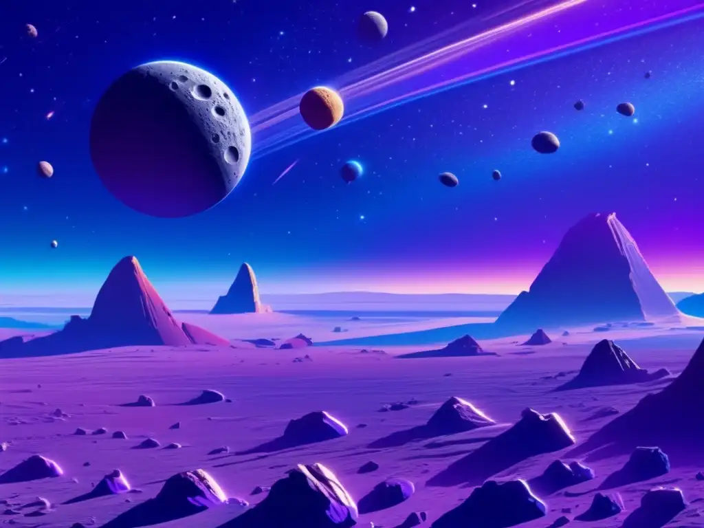 Tecnologías de exploración de asteroides en una imagen detallada del espacio con asteroides y colores cósmicos