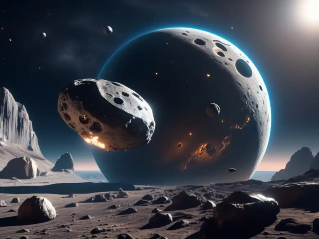 Innovación tecnológica en explotación de asteroides: Estación espacial futurista orbitando asteroide 8k ultradetallado