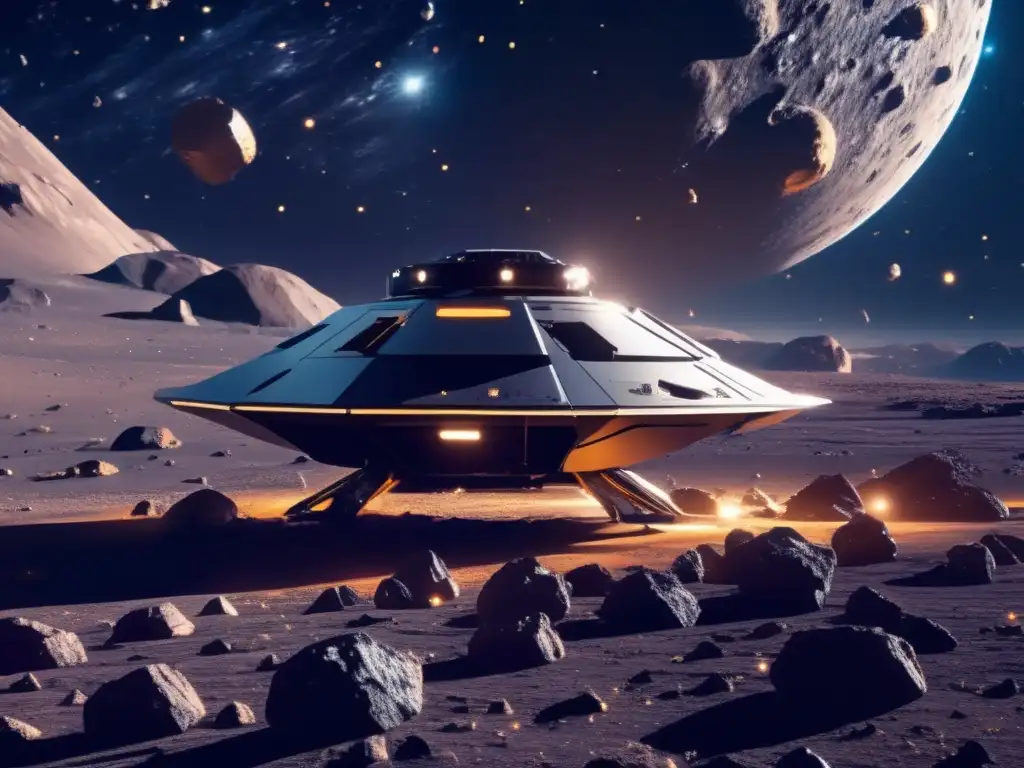 Innovación tecnológica en explotación de asteroides: imagen impactante de 8k que muestra el espacio con asteroides y una nave minera avanzada
