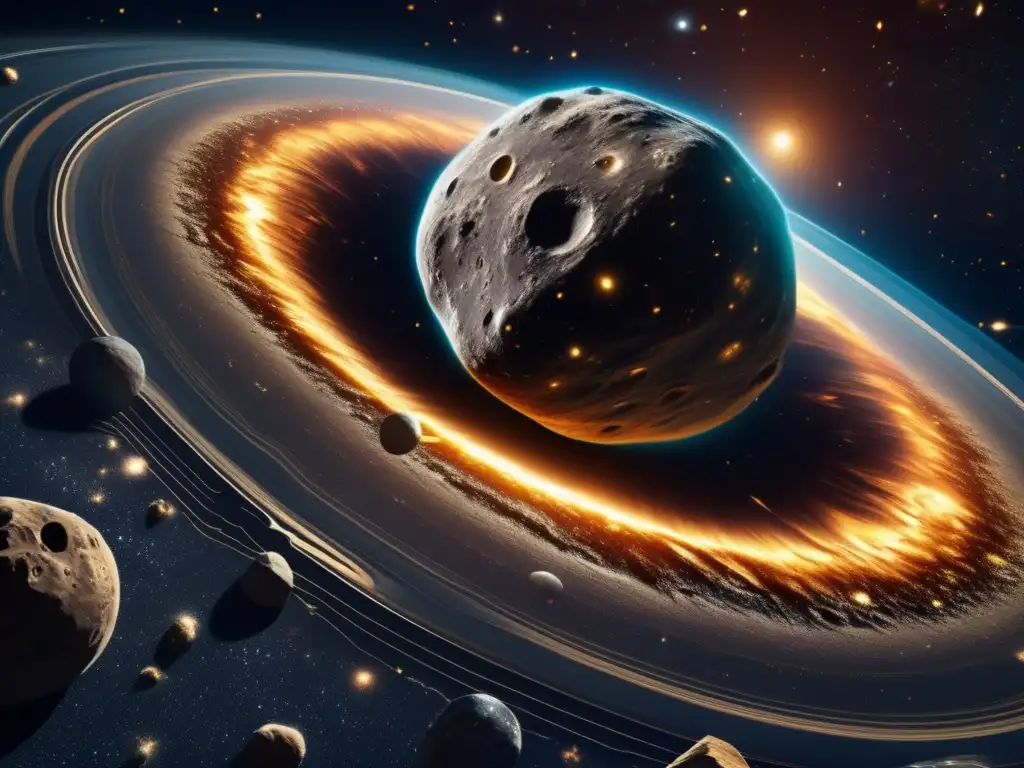 Innovación tecnológica asteroides defensa planetaria: Asteroide majestuoso, ricos minerales, textura cautivadora, potencial de explotación