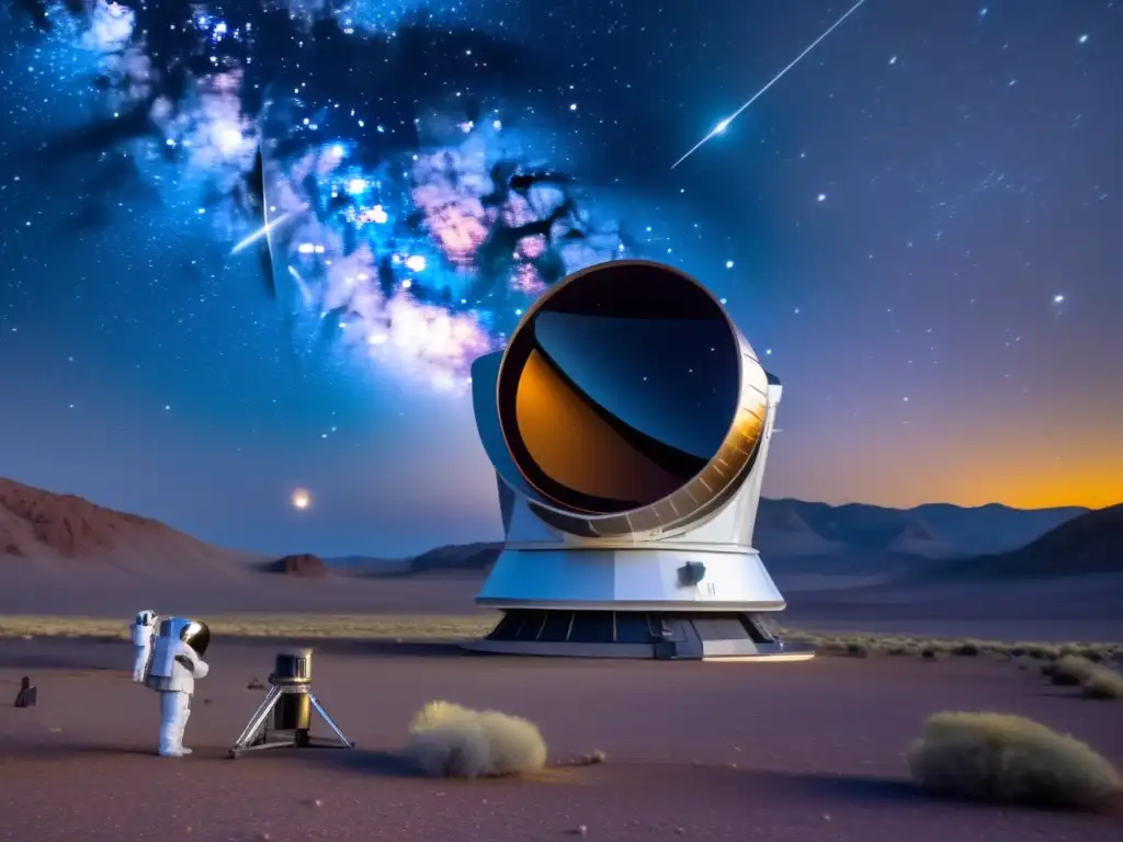 Un telescopio espacial moderno vigila asteroides peligrosos en un cielo estrellado, resaltando su importancia