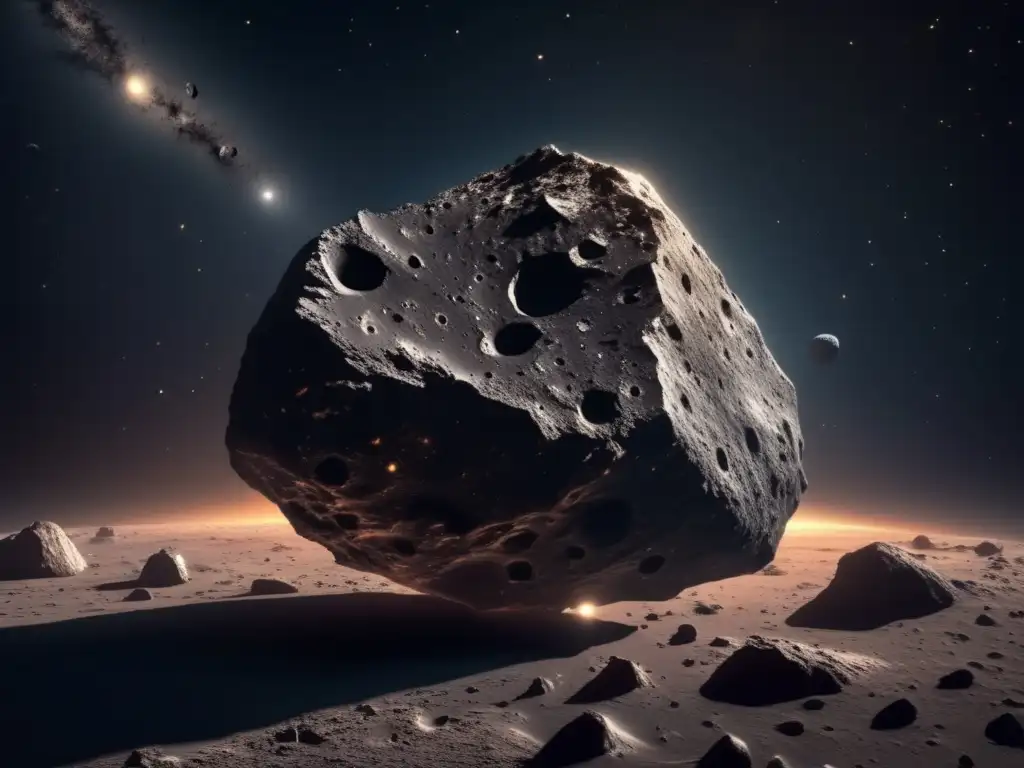 Identificación asteroide tipo C flotando en el espacio: oscuro, rocoso, cráteres, sombras sutiles, estrellas distantes