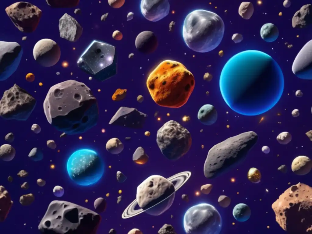 Tipos de asteroides identificados, detallados en imagen 8k con colores, formas y características únicas en un vasto espacio estelar