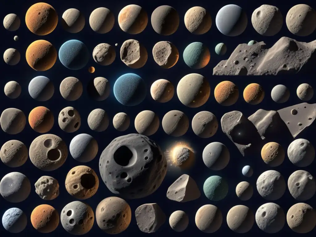 Tipos de asteroides identificados: imagen ultradetallada con variedad de formas, tamaños y texturas en asteroides carbonáceos, metálicos y pétreos