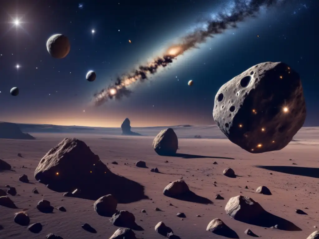 Tipos asteroides en sistema solar: 8k imagen detallada muestra espacio con estrellas, galaxias y 3 asteroides: C oscuro, S liso y M rocoso y metálico