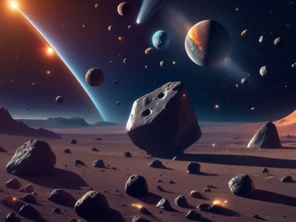 Tipos de asteroides en el sistema solar: imagen impactante de 8k con asteroides de distintas formas, tamaños y composiciones flotando en el espacio
