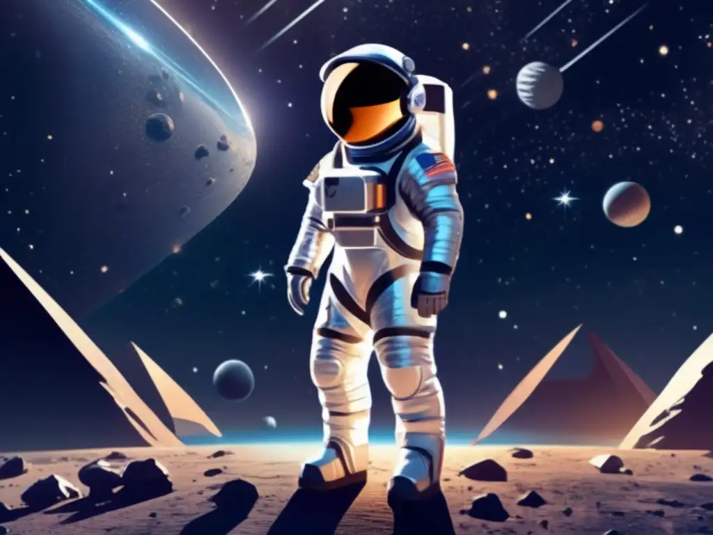 Traje espacial: astronauta futurista en paisaje espacial impresionante con aleaciones de asteroides