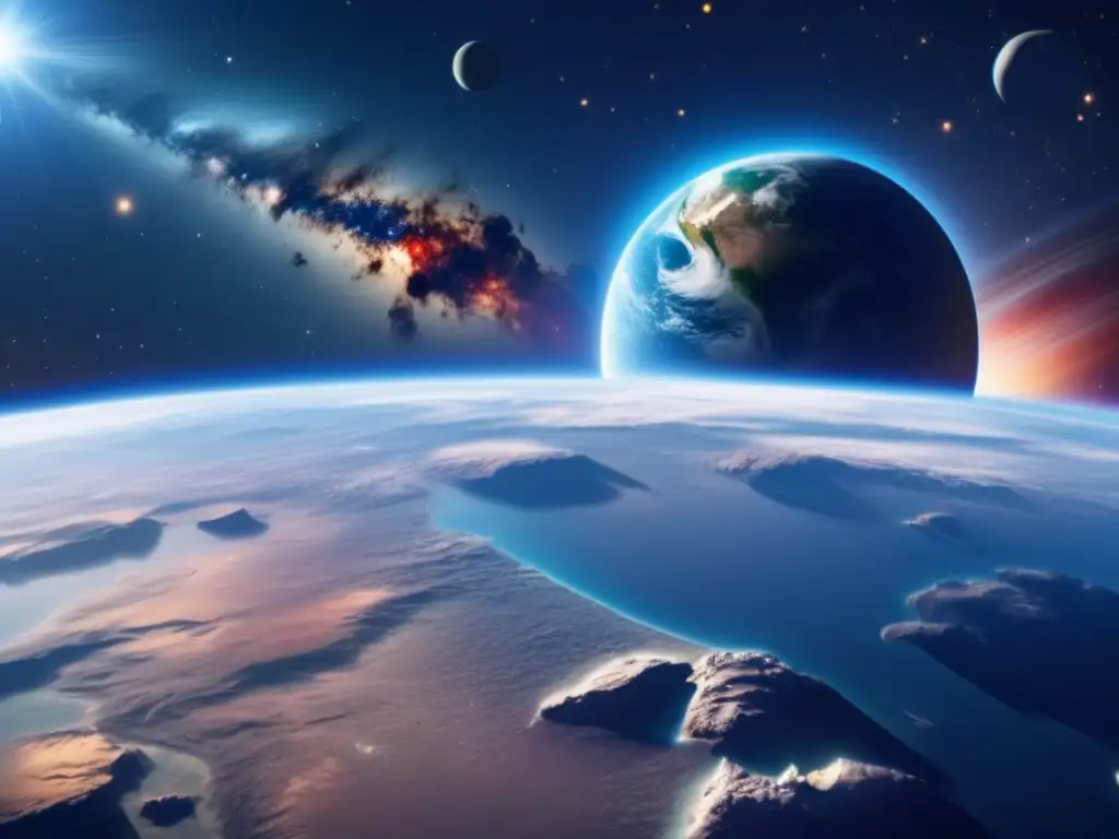 Preparación para tránsito asteroide: impactante imagen 8k de la Tierra desde el espacio, con un asteroide amenazante y colores vibrantes