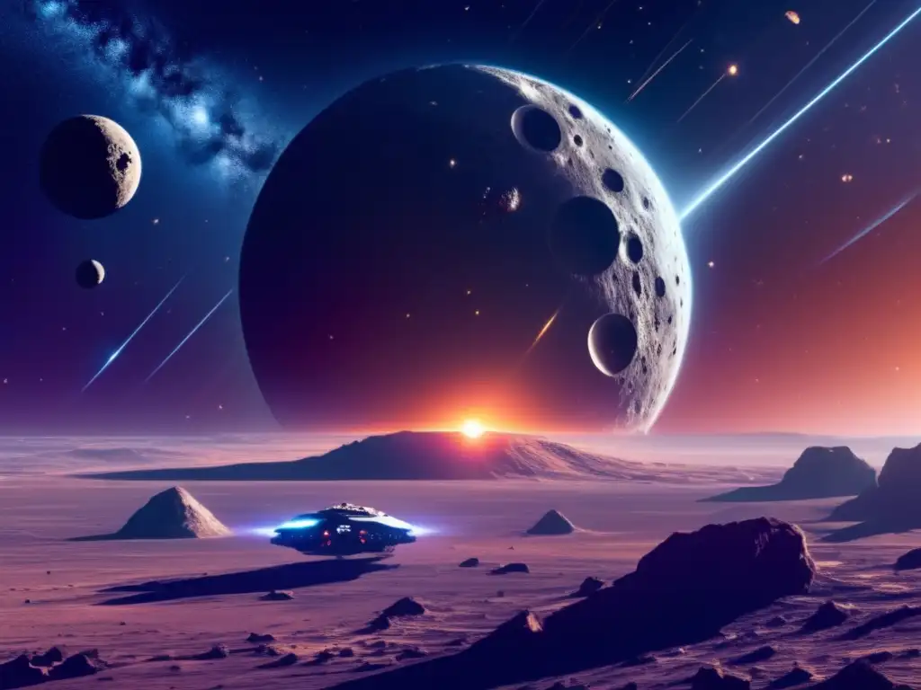 Transporte espacial asteroides recursos: escena asombrosa de asteroides siendo extraídos por naves espaciales futuristas en un vasto espacio estelar