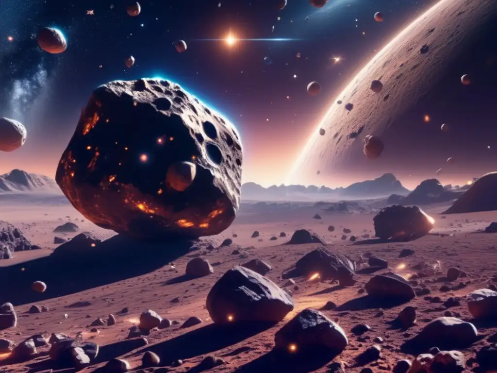 Transporte de minerales asteroidales en el espacio: una imagen 8K detallada de un vasto paisaje cósmico con asteroides flotando y una nave espacial