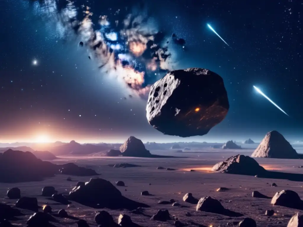 Transporte de minerales asteroidales: majestuoso paisaje espacial con asteroides