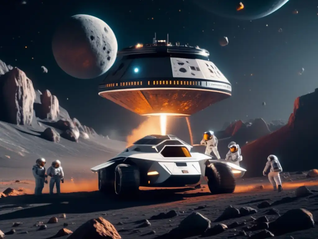 Transporte de minerales asteroidales: nave espacial futurista en un asteroide con astronautas mineros