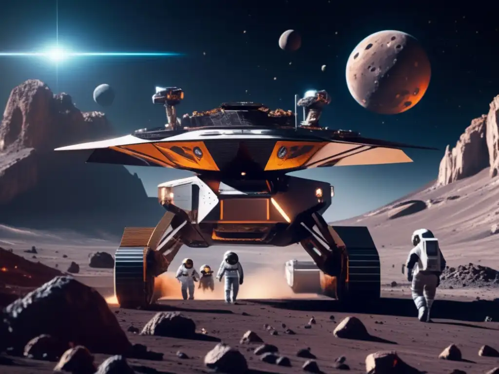 Transporte de minerales asteroidales: Nave futurista en un asteroide, astronautas y robots extrayendo minerales valiosos