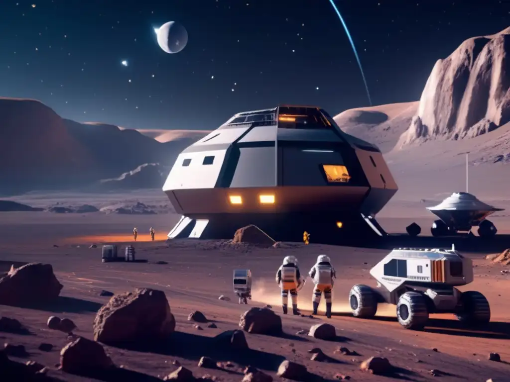 Transporte y procesamiento de materiales espaciales en minería de asteroides: Futurista imagen de una base minera en asteroide