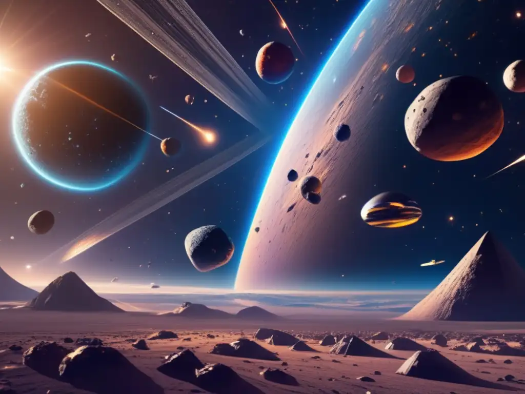 Tratados de desarme espacial: asteroide y nave futurista en un paisaje estelar-