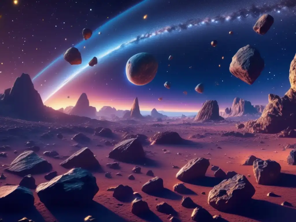 Trayectoria errante asteroides: Imagen impresionante de campo de asteroides caótico y vibrante con variados tamaños y formas
