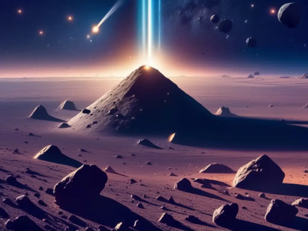 Trayectoria errante asteroides en un vasto y misterioso espacio cósmico con asteroides dispersos, desafiando las rutas habituales