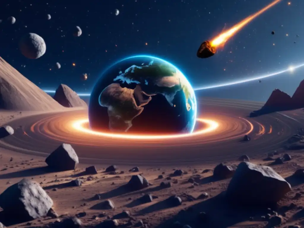 Trayectoria cálculo NEO peligroso en imagen 8k de la Tierra rodeada de asteroides