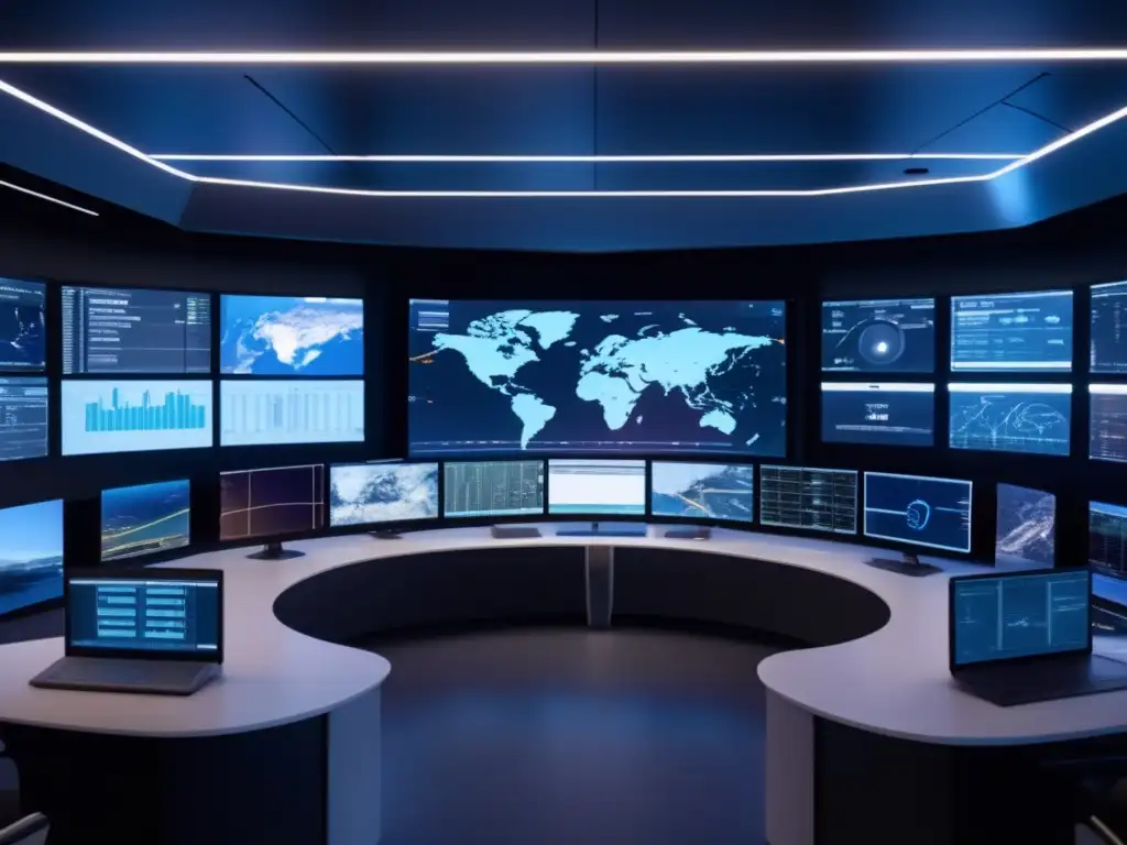 Trayectorias NEOs predicción en sala de control tecnológica con monitores modernos y científicos expertos discutiendo