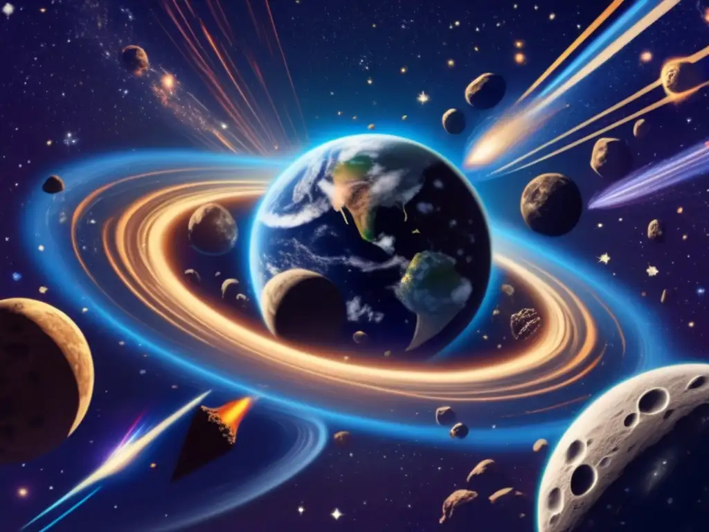Relación Troyanos lluvias meteoritos tierra: escena celestial con la Tierra en el centro, rodeada de asteroides y meteoritos multicolores
