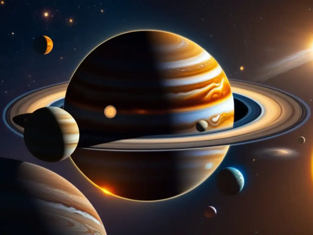Órbita troyanos alineación Júpiter en el sistema solar con detalle y colores futuristas